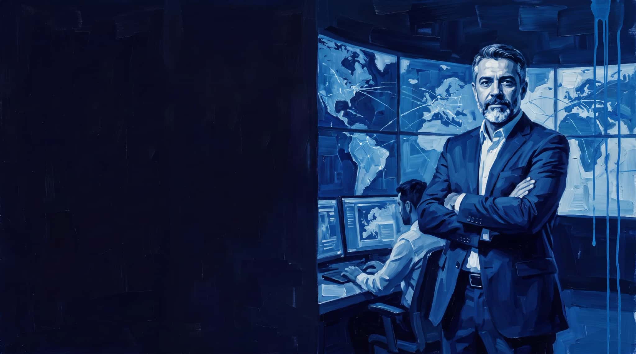 Pintura a óleo em azul: diretor de operações de braços cruzados diante de uma parede de telas com mapas numa sala de operações