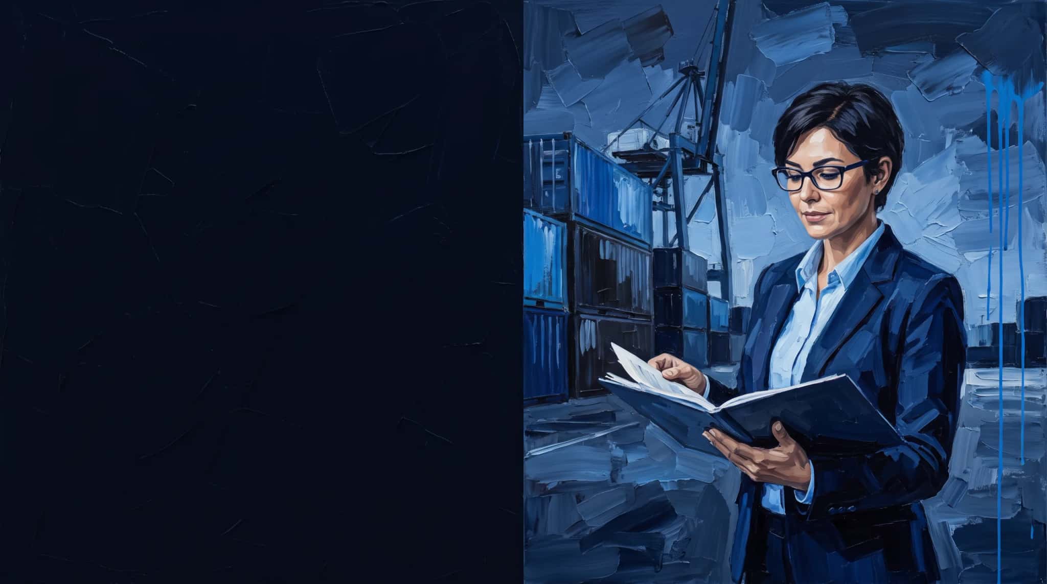 Pintura a óleo em azul: despachante aduaneira revisa documentos no cais de um porto de contêineres