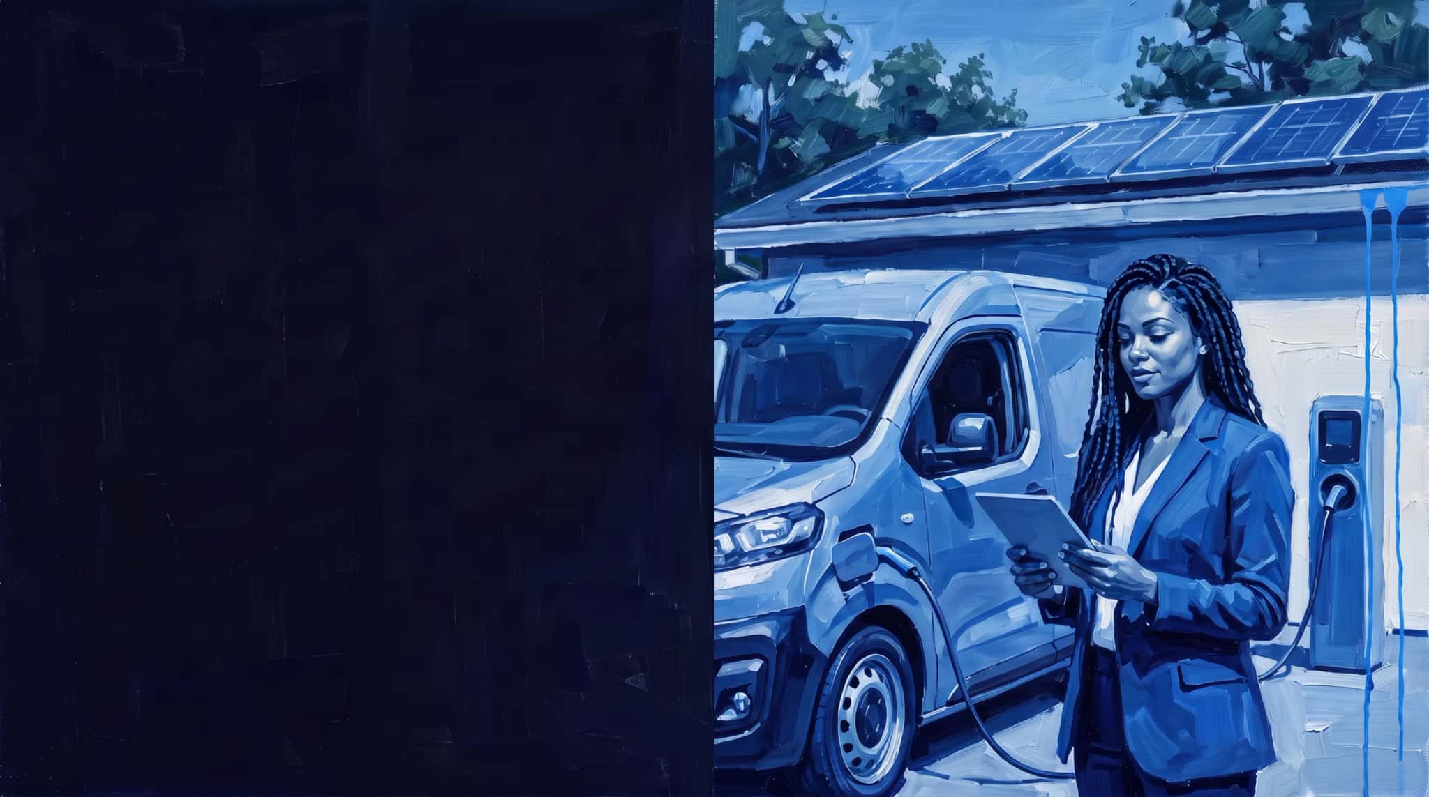 Pintura a óleo em azul: analista de sustentabilidade com tablet ao lado de uma van elétrica carregando num centro de distribuição com painéis solares