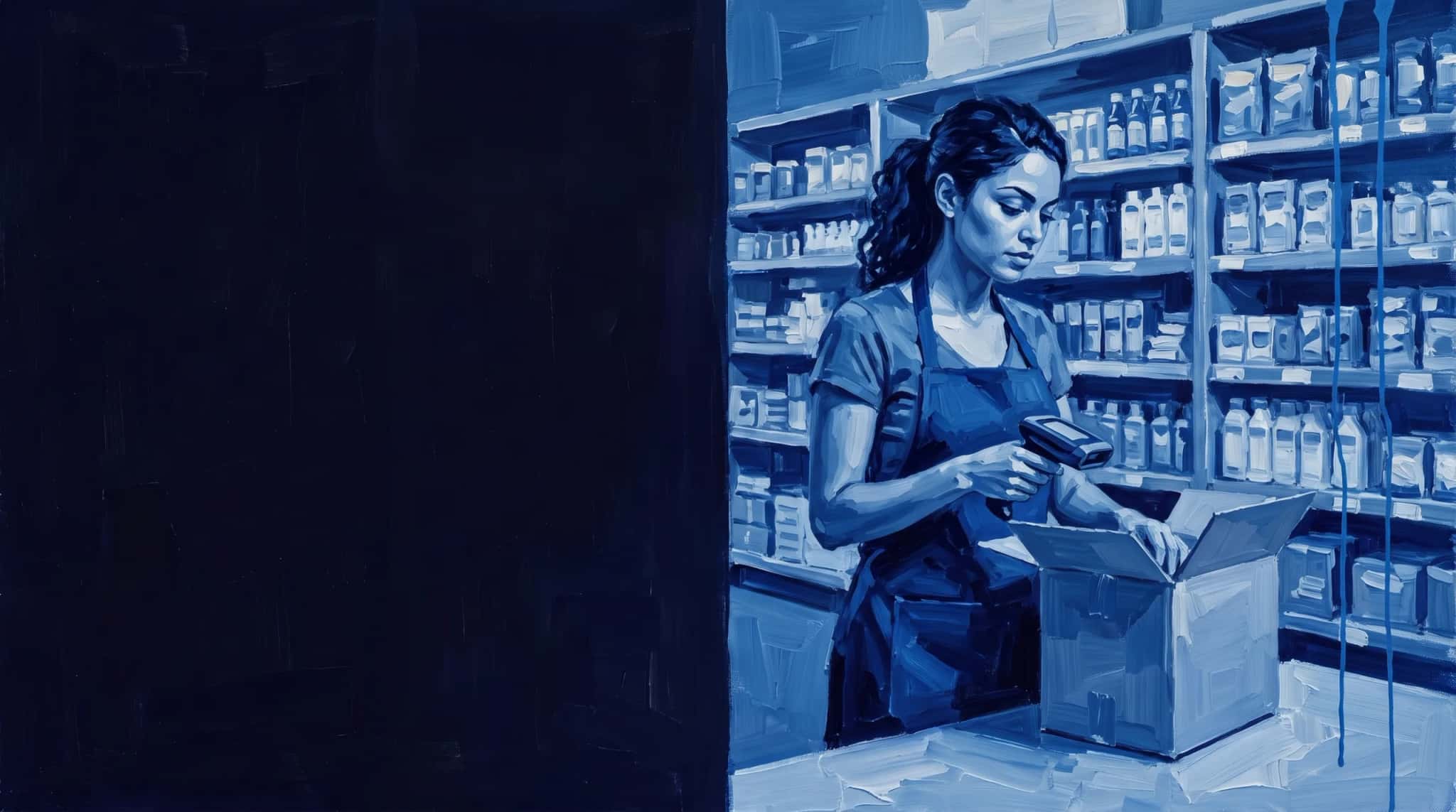 Pintura a óleo em azul: atendente de loja embala um pedido online com um leitor de código de barras no balcão dos fundos