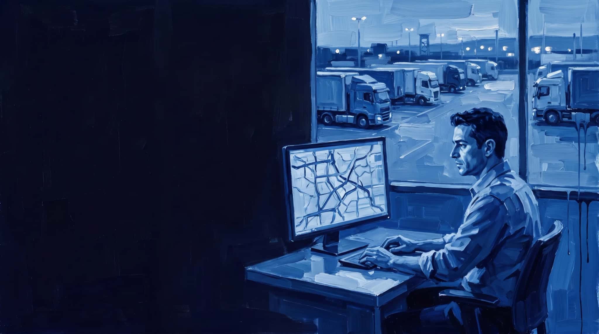 Pintura a óleo em azul: planejador de transporte numa mesa de despacho com mapa de rotas, com caminhões no pátio vistos pela janela