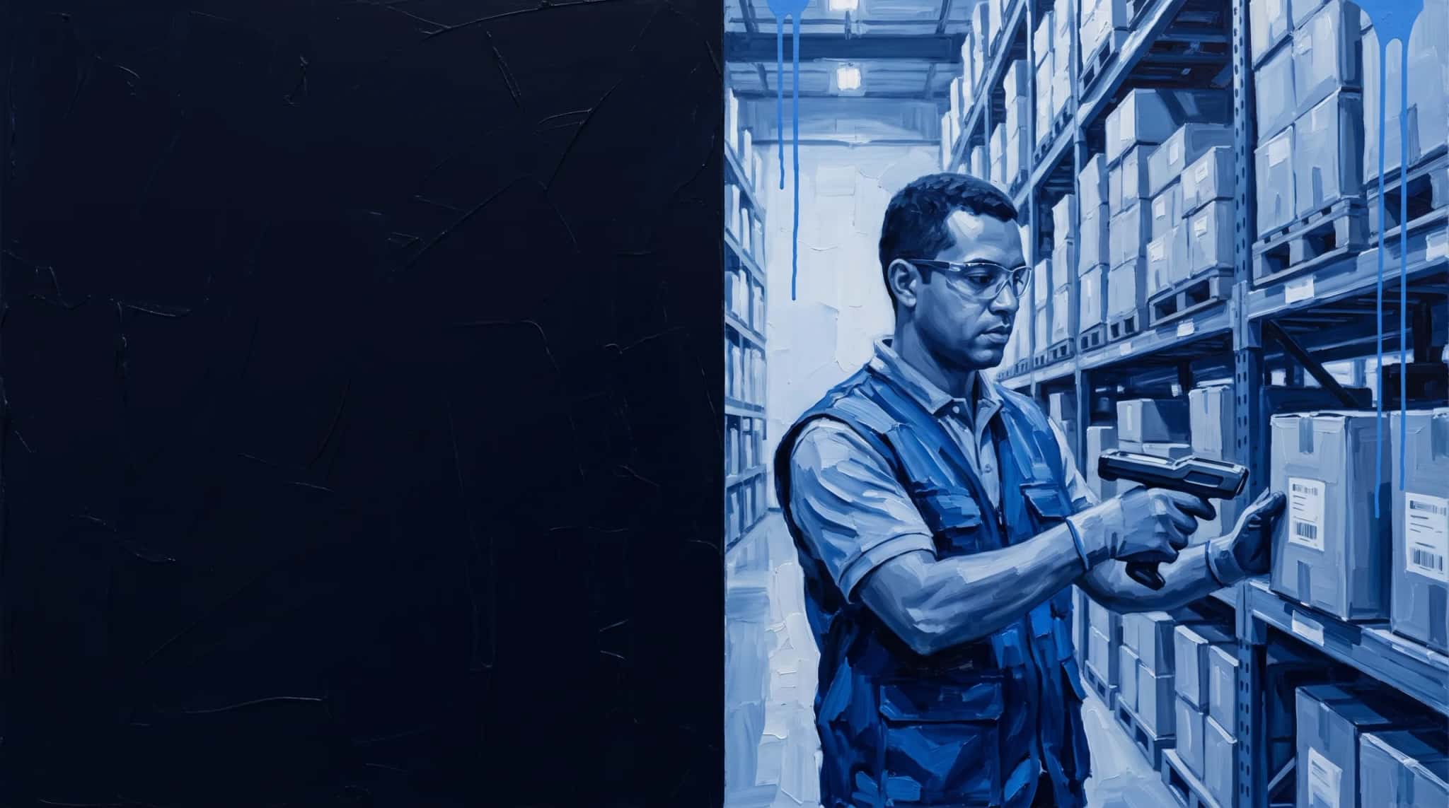 Pintura a óleo em azul: operador de armazém escaneia uma caixa entre prateleiras de estoque
