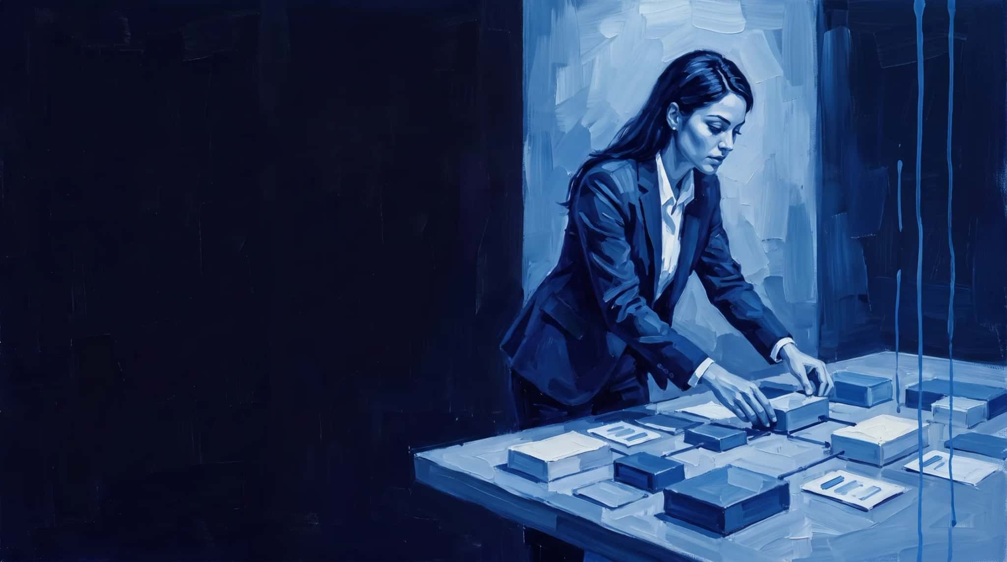 Pintura a óleo em azul: arquiteta de soluções organiza blocos modulares sobre uma mesa