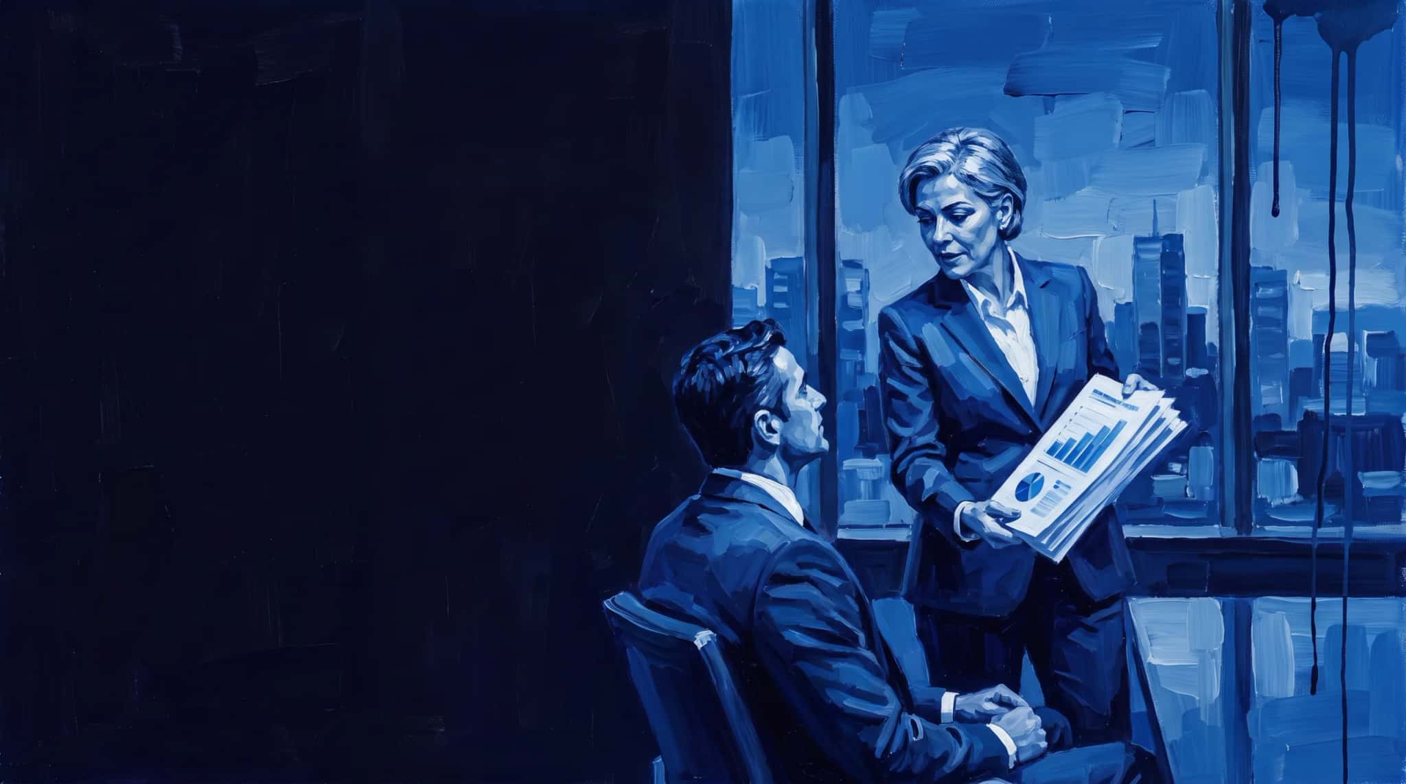 Pintura a óleo em azul: consultora sênior de cabelo grisalho apresenta um relatório com gráficos a um CEO, numa sala alta com a cidade ao entardecer