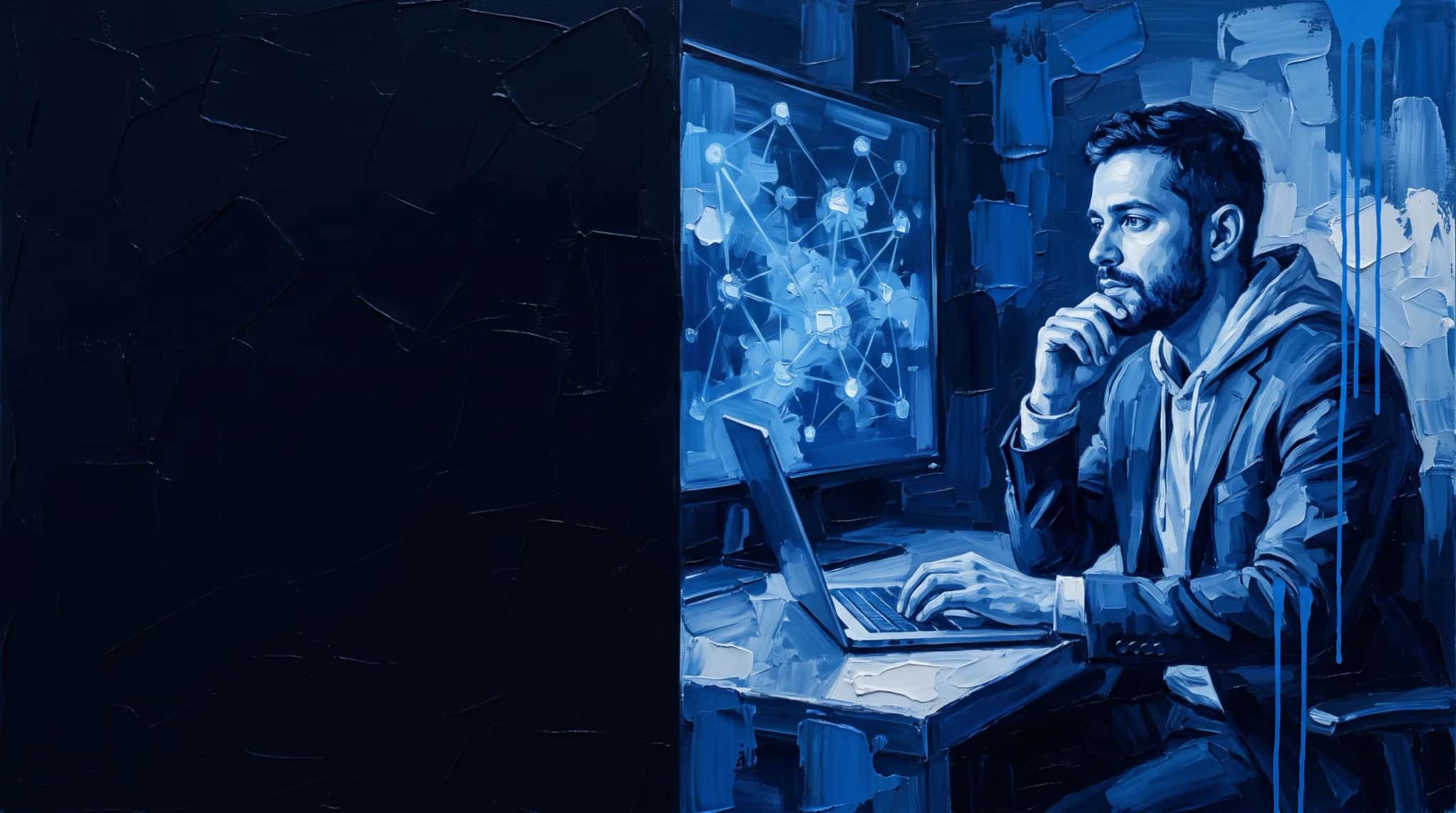 Pintura al óleo en azul: un científico de datos pensativo frente a un monitor con una red de nodos, con la mano sobre el portátil