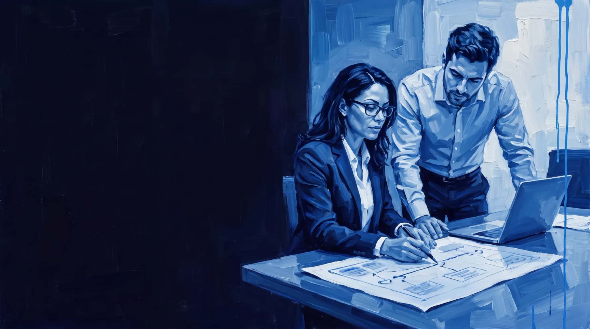 Pintura a óleo em azul: arquiteta de ERP e gerente de e-commerce revisam um mapa de sistemas impresso sobre a mesa