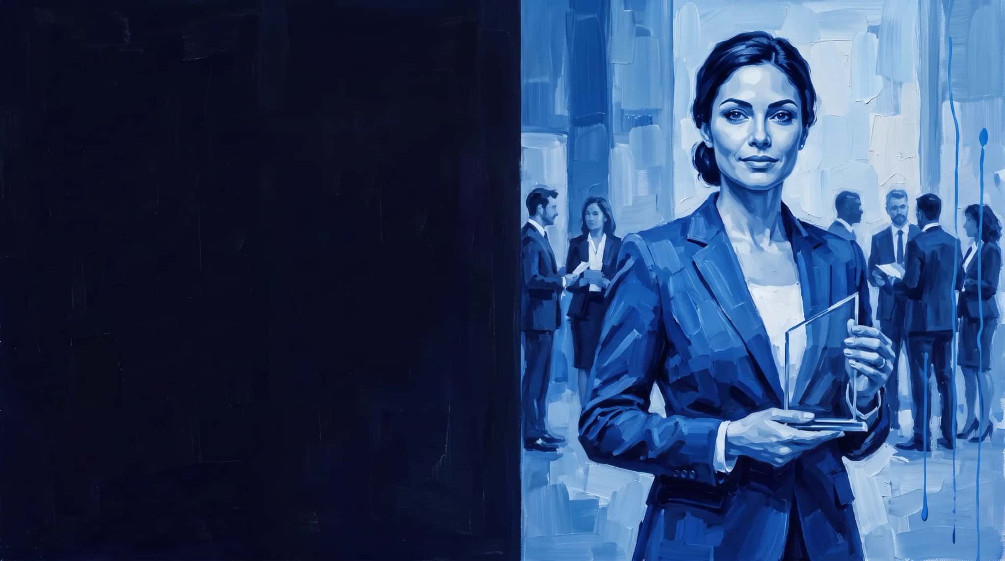 Pintura a óleo em azul: executiva segura uma placa de vidro de reconhecimento no lobby de um edifício corporativo
