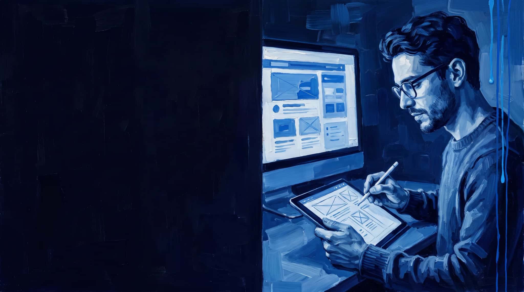 Pintura a óleo em azul: designer de produto esboça wireframes num tablet ao lado de um monitor com o layout da tela