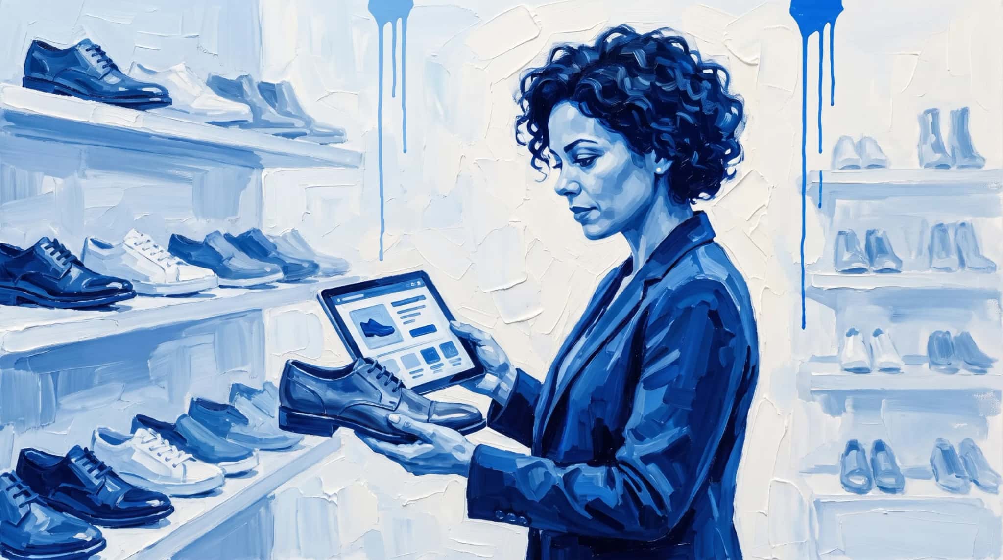 Pintura a óleo em azul: gerente de uma loja de calçados segura um sapato e confere o produto num tablet, entre prateleiras