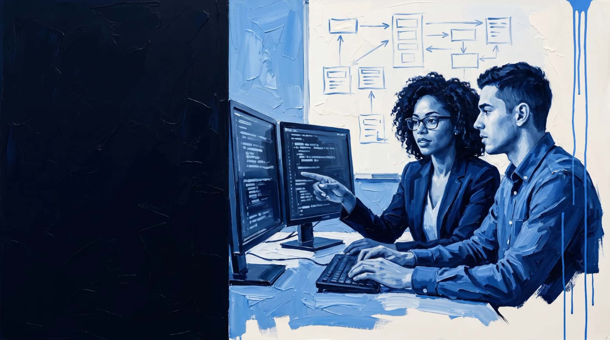Pintura a óleo em azul: dois engenheiros de software programam em par diante de dois monitores, com um quadro de diagrama ao fundo