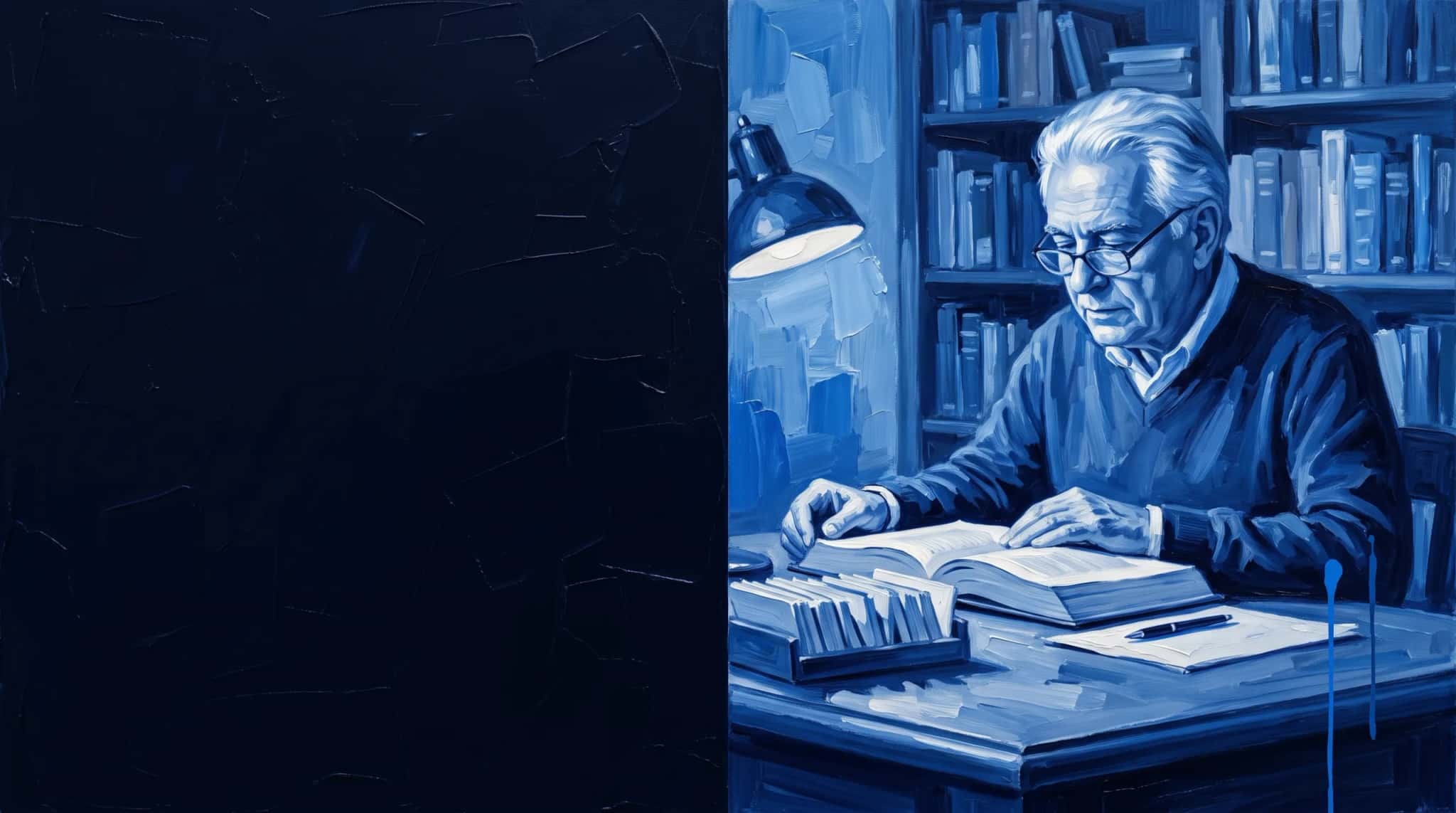 Pintura a óleo em azul: consultor sênior consulta um grande livro de referência com fichas, sob a luz de uma luminária