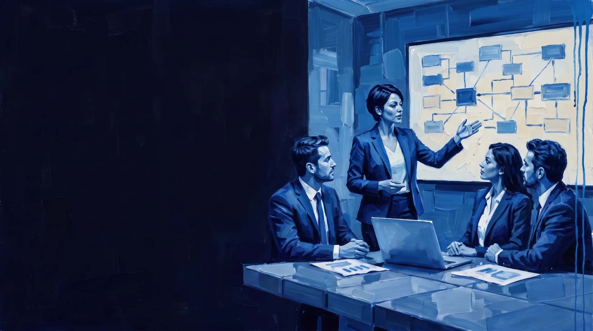 Pintura a óleo em azul: arquiteta de soluções conduz uma apresentação técnica diante de uma tela com um diagrama de blocos conectados
