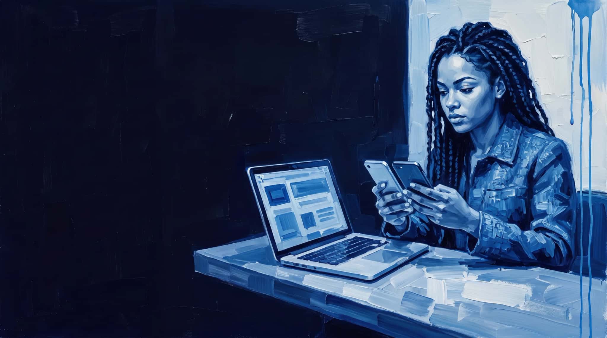 Pintura a óleo em azul: desenvolvedora testa um aplicativo em dois celulares ao lado de um notebook aberto