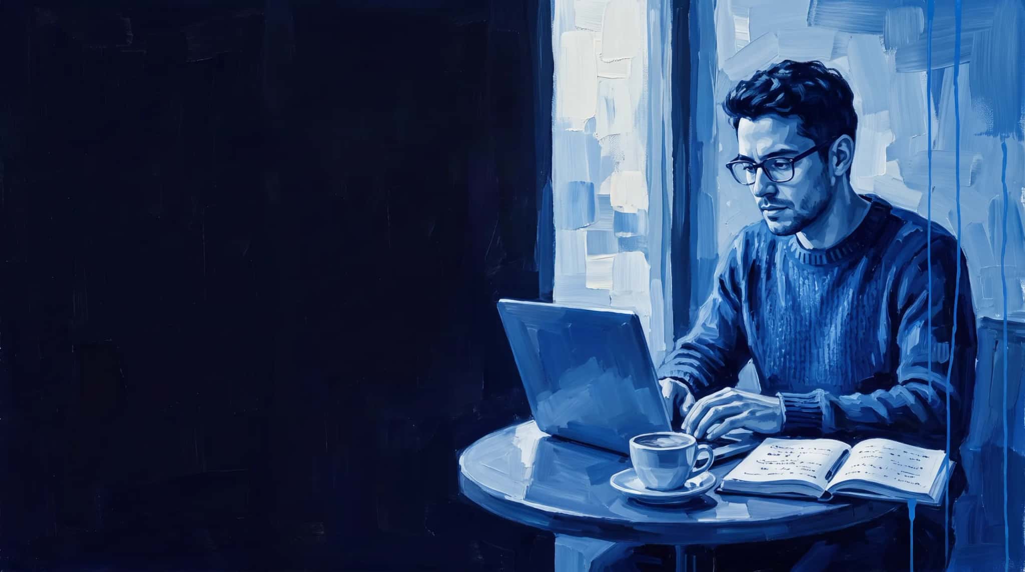 Pintura a óleo em azul: redator técnico digita num laptop, sentado à mesa de um café