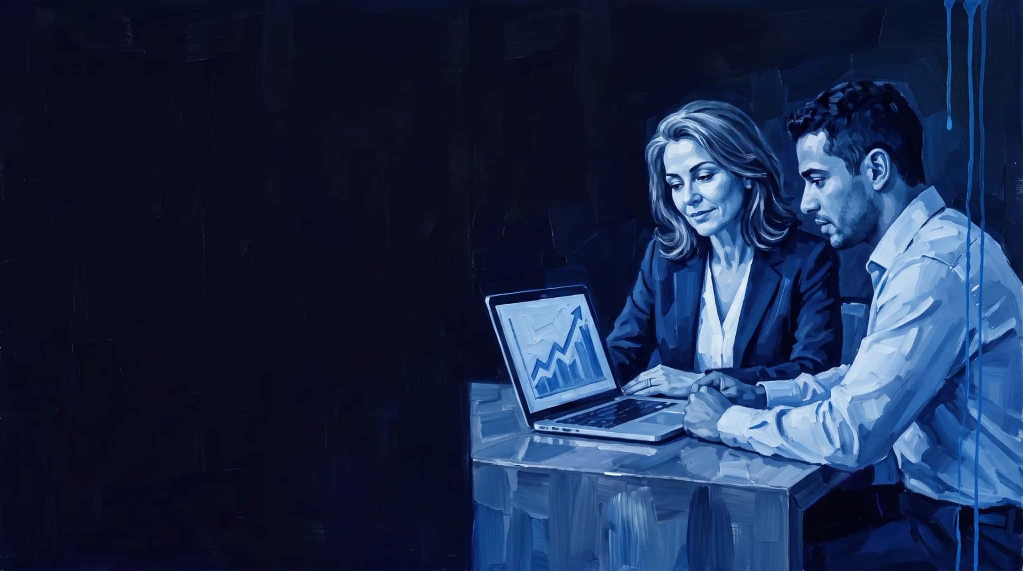 Pintura a óleo em azul: executiva e engenheiro analisam um gráfico de resultados no laptop