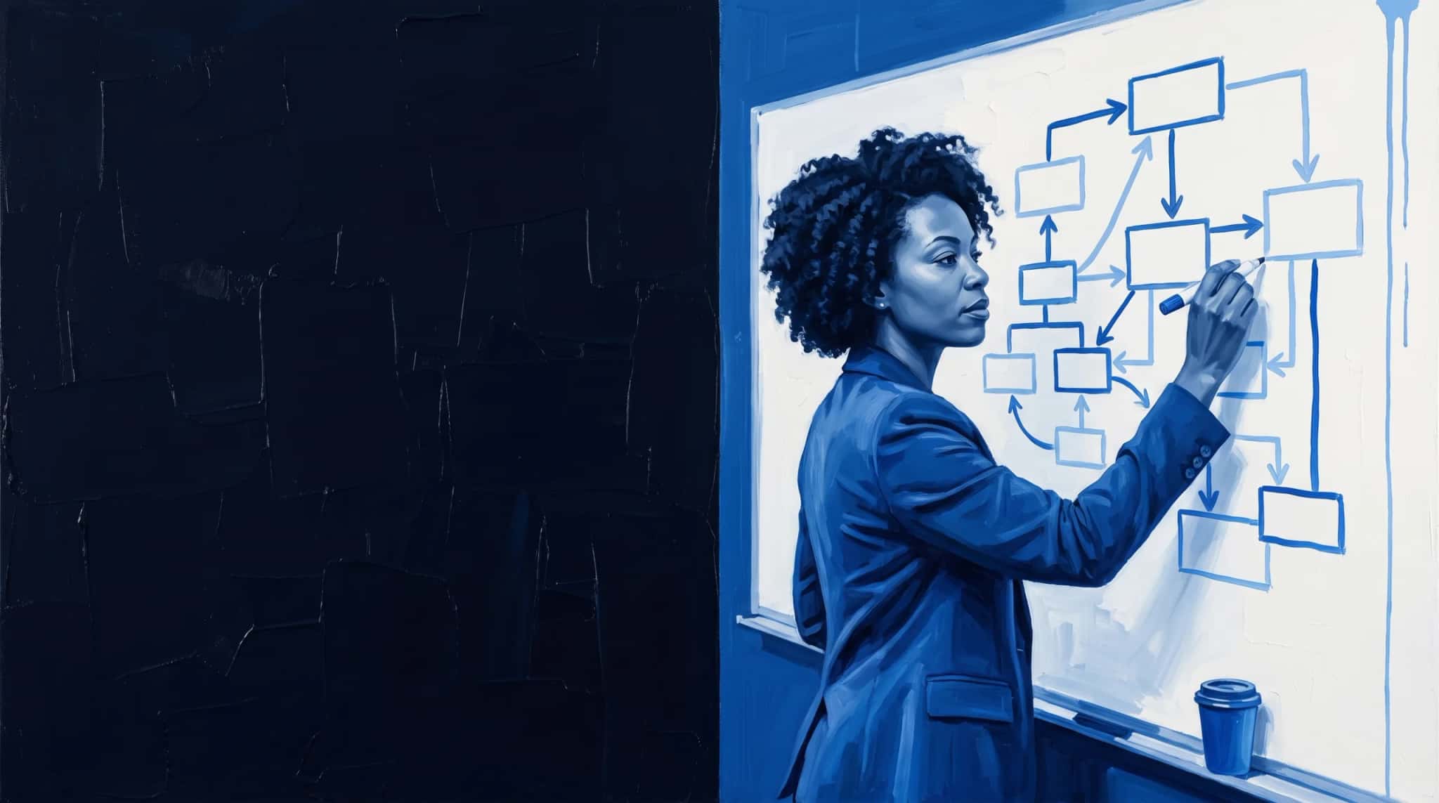 Pintura a óleo em azul: arquiteta de integração desenha caixas e setas num quadro branco