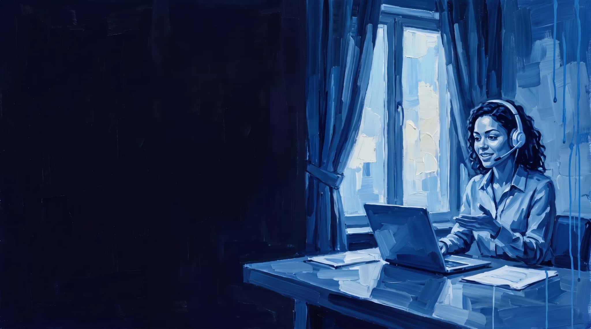 Pintura a óleo em azul: engenheira com headset conversa por vídeo diante de um laptop, junto à janela