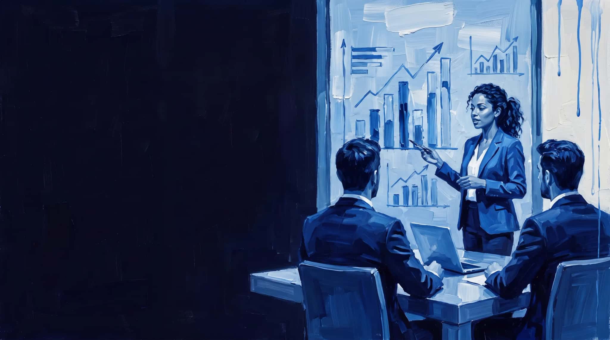 Pintura al óleo en azul: un analista de datos presenta gráficos en una pared de vidrio a dos ejecutivos