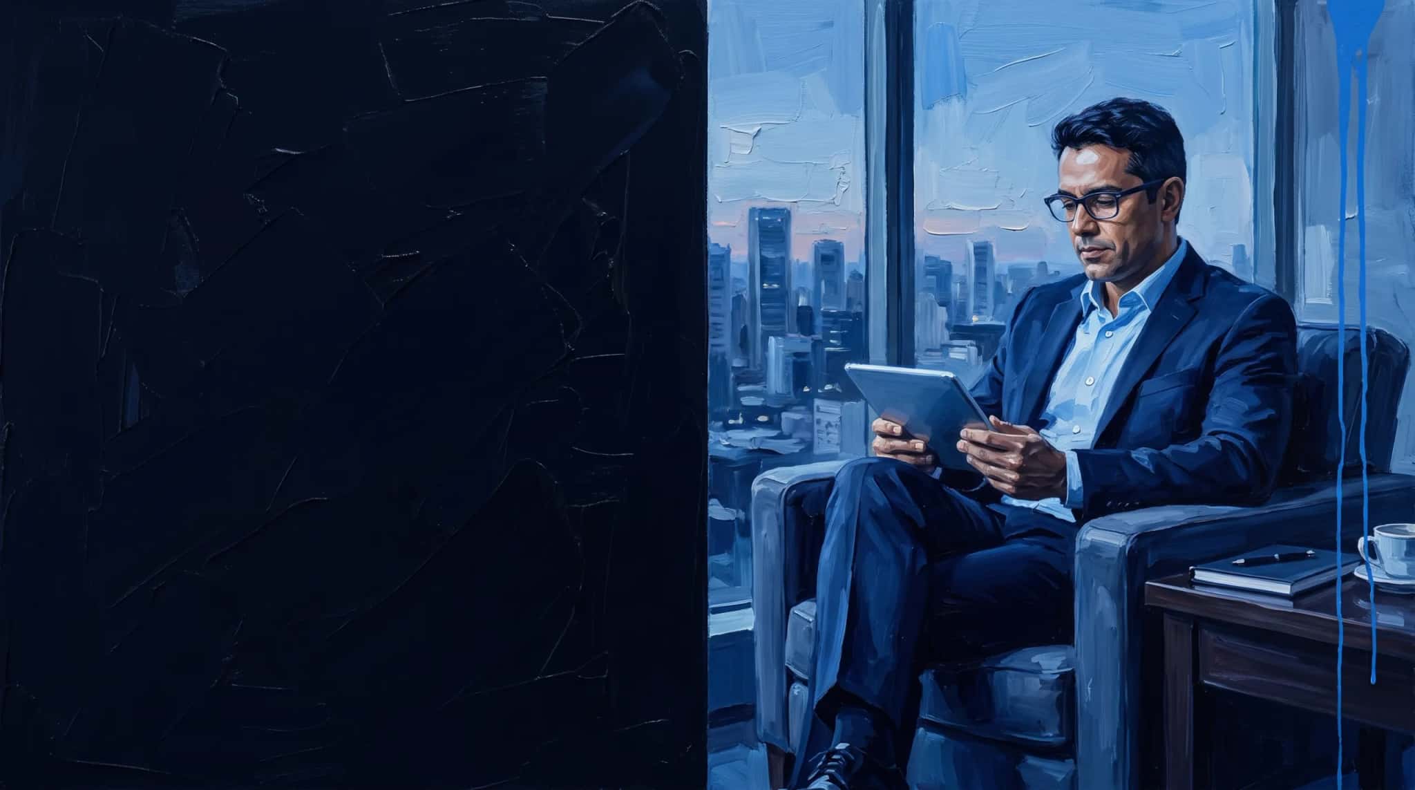 Pintura a óleo em azul: executivo de óculos lê um relatório num tablet, sentado junto à janela de um escritório com vista para a cidade