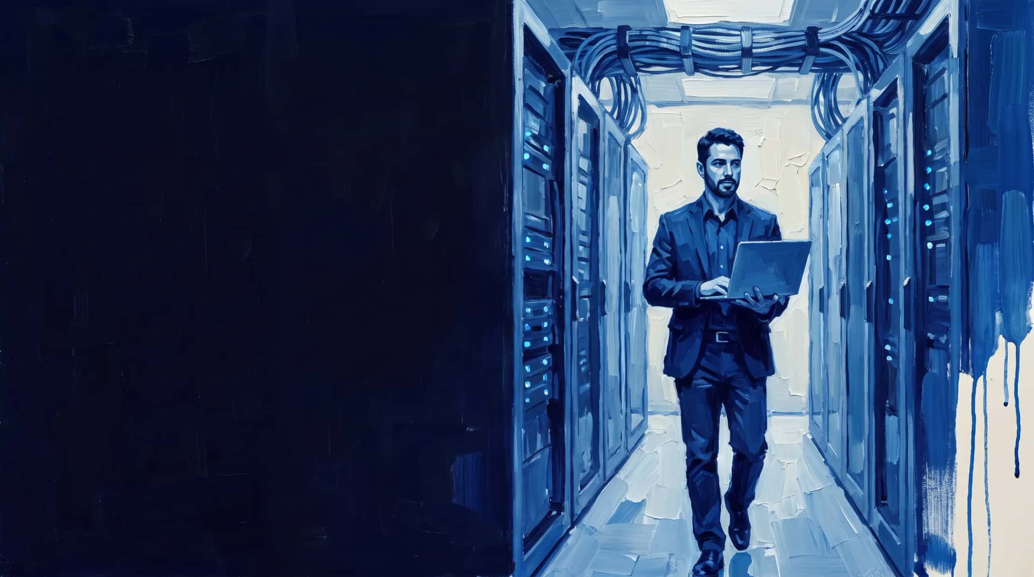 Pintura a óleo em azul: engenheiro de integração caminha por um corredor de data center com um laptop aberto nas mãos