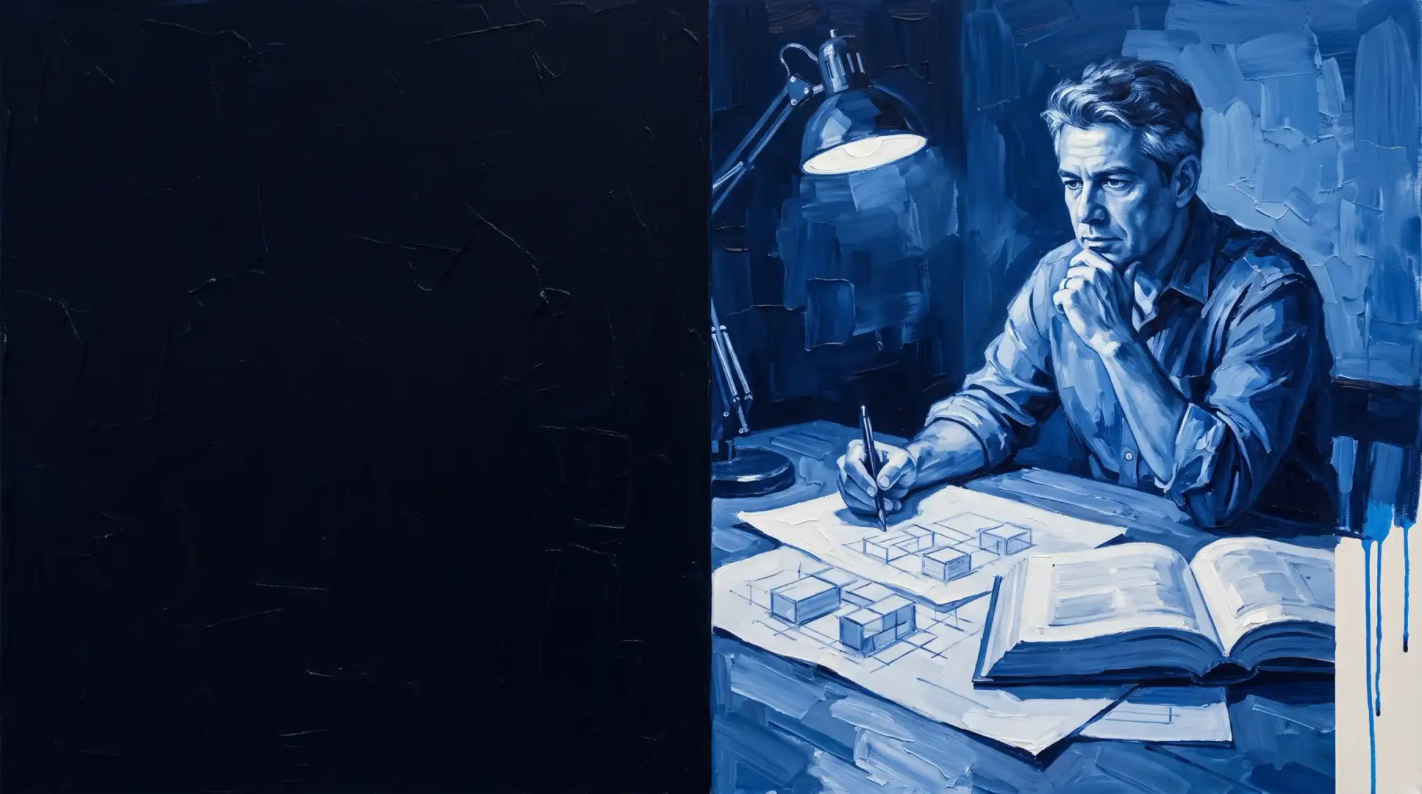 Pintura a óleo em azul: estrategista com um livro aberto e esboços de blocos conectados, sob a luz de uma luminária