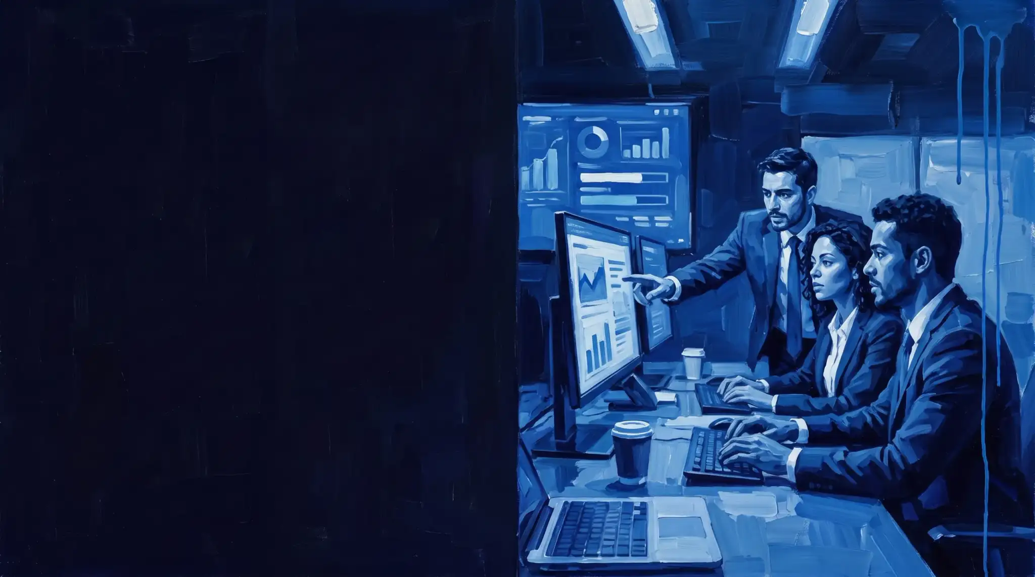 Pintura a óleo em azul: equipe numa sala de guerra noturna acompanha telas com o andamento de uma migração de plataforma