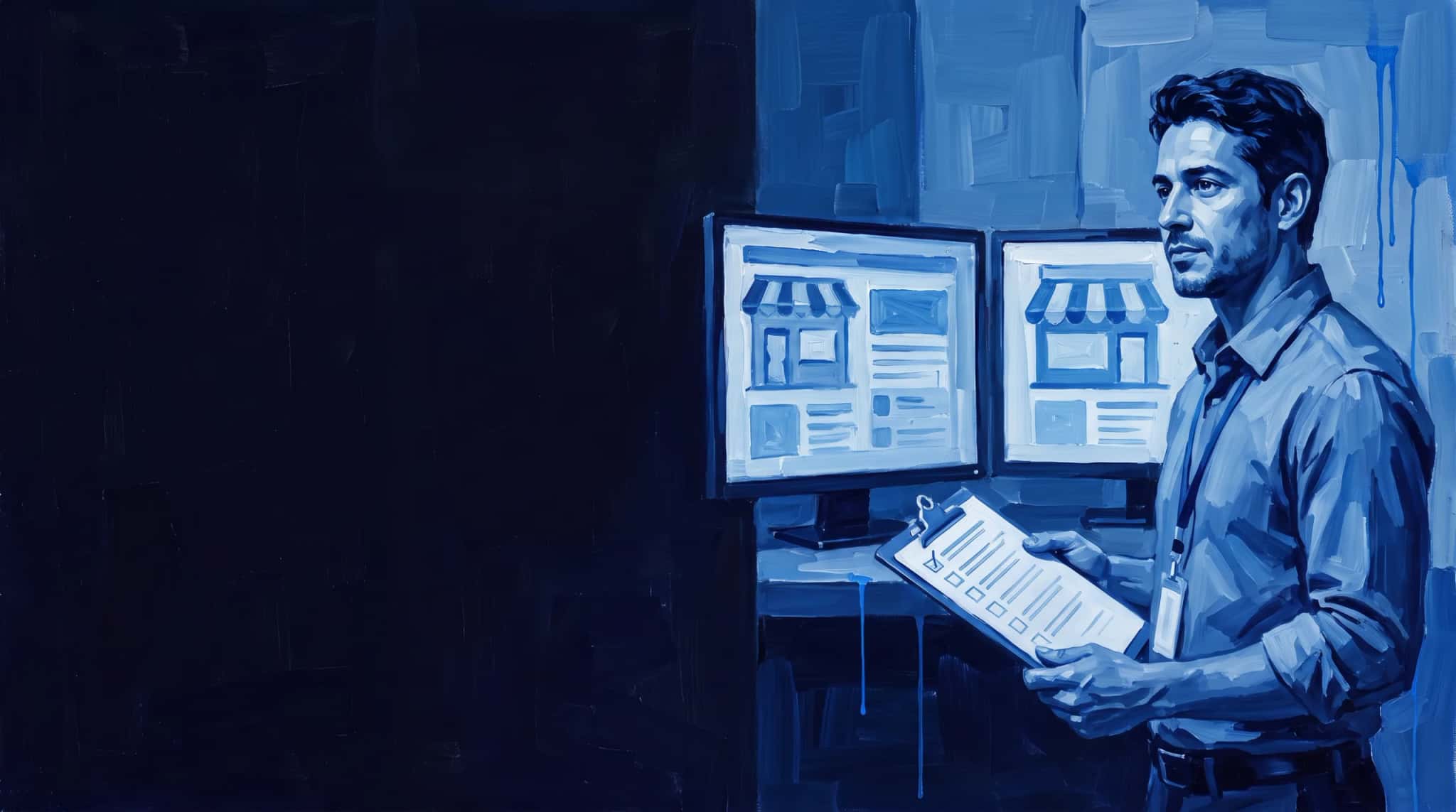 Pintura a óleo em azul: líder de migração com uma prancheta nas mãos diante de dois monitores, um com a vitrine antiga e outro com a nova