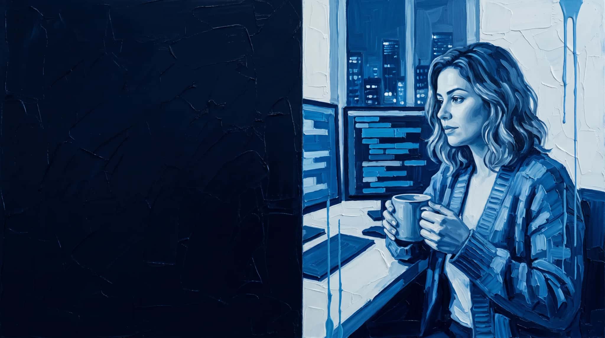 Pintura al óleo en azul: tech lead de front-end con una taza en la mano revisa código en dos monitores, de noche