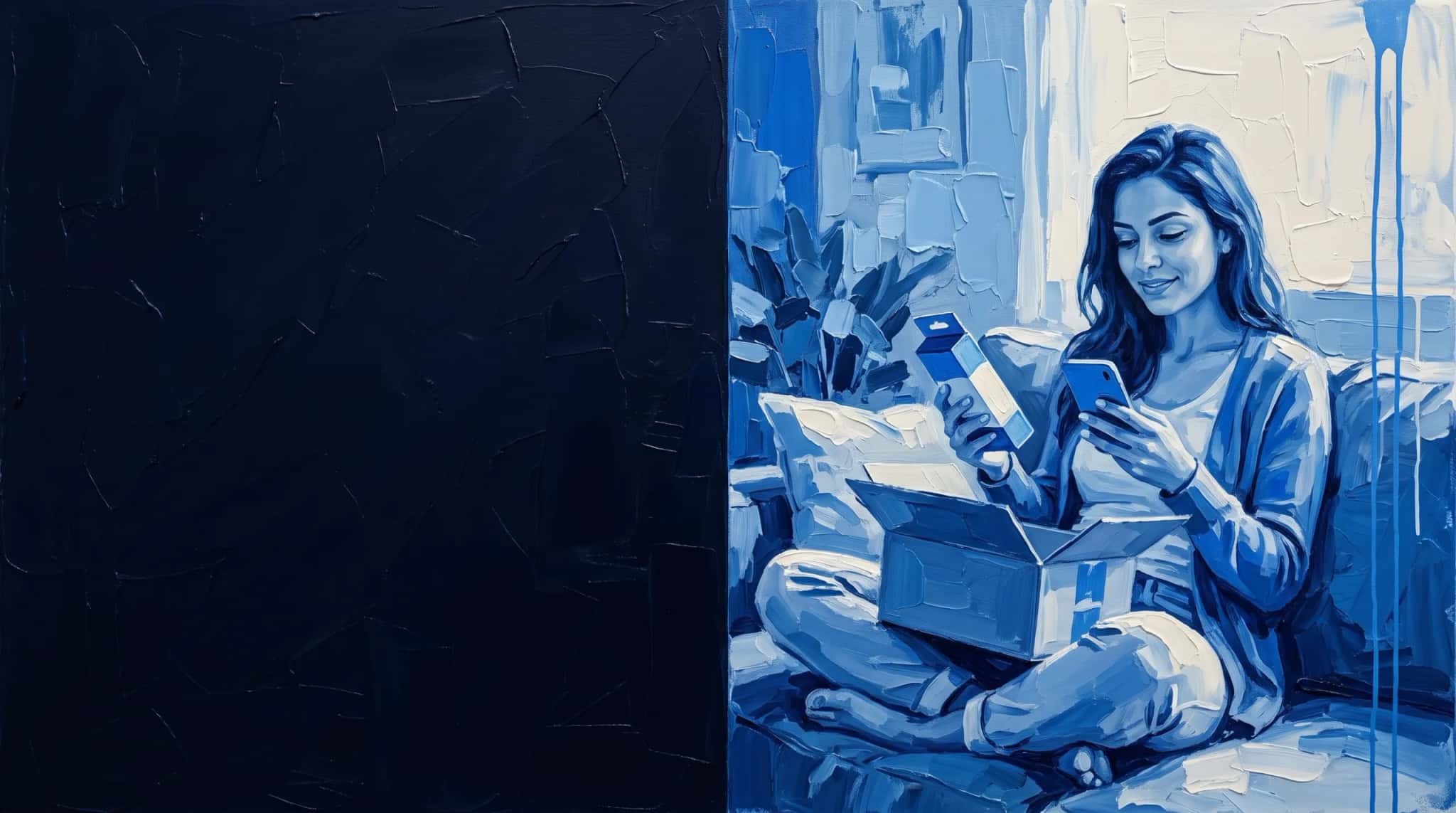 Pintura a óleo em azul: cliente no sofá, com a caixa de entrega aberta, avalia o produto pelo celular