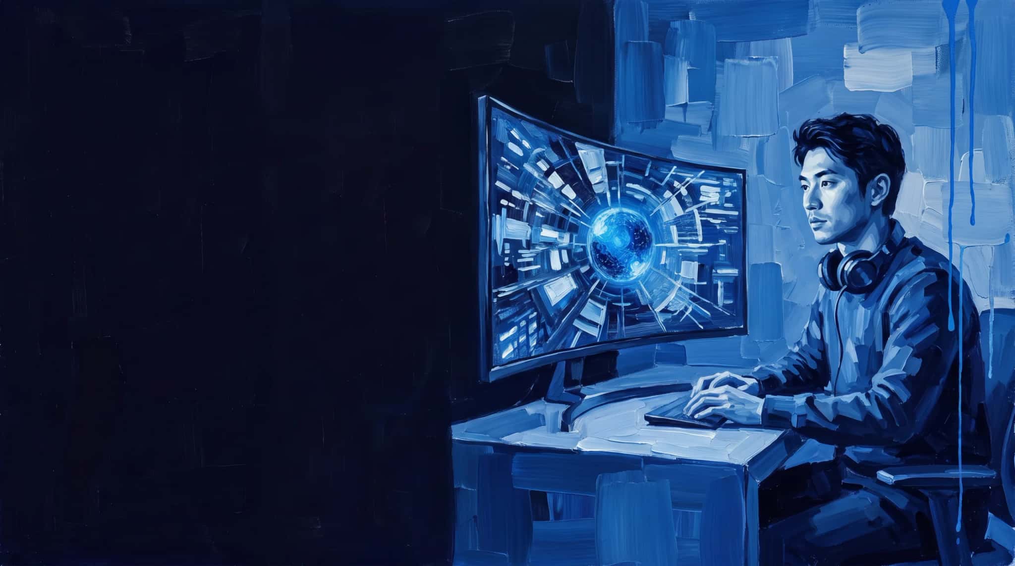 Pintura a óleo em azul: engenheiro de dados diante de um monitor curvo em que fluxos de dados convergem numa esfera