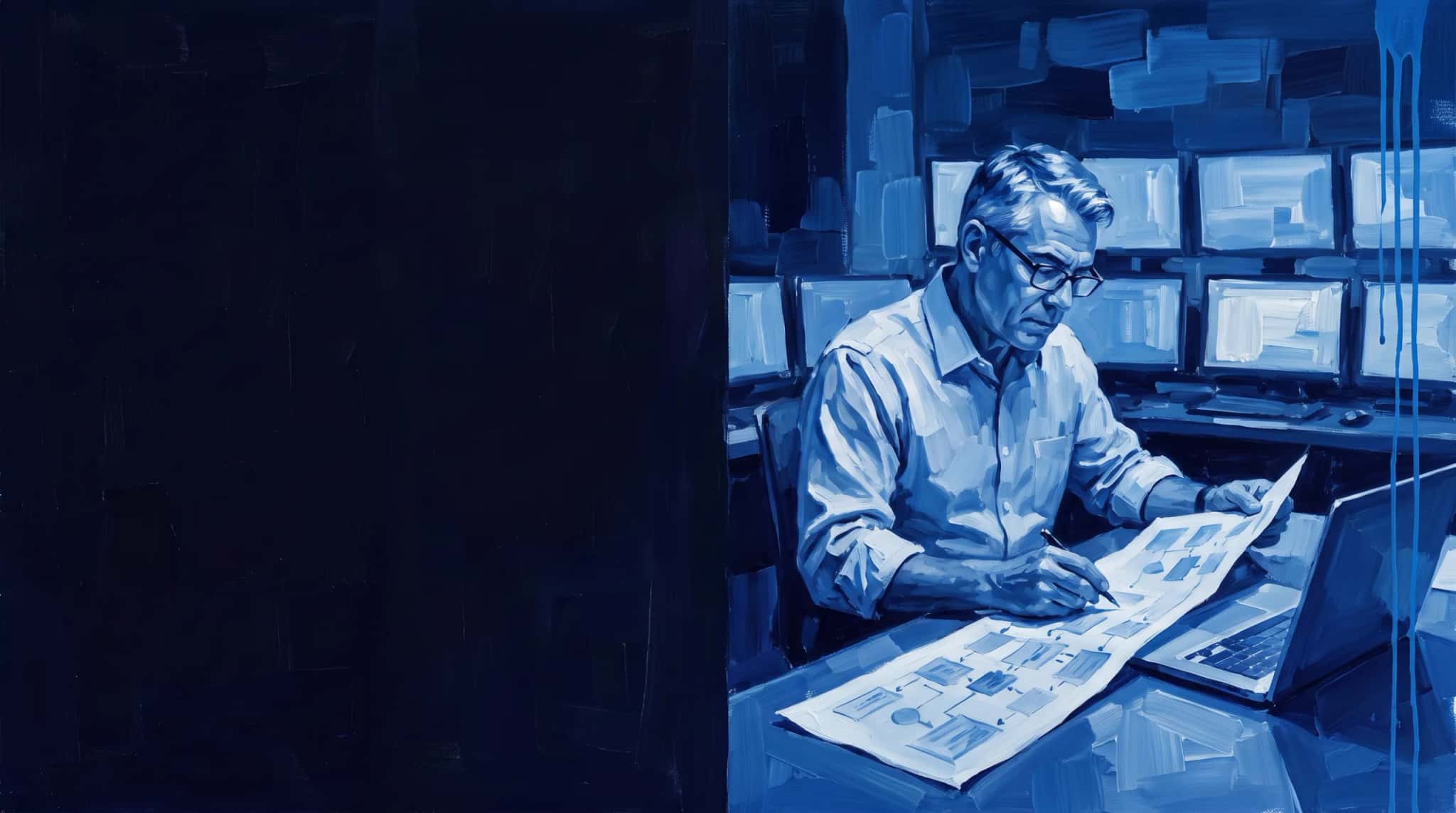 Pintura al óleo en azul: un consultor sénior con gafas estudia un mapa de procesos impreso