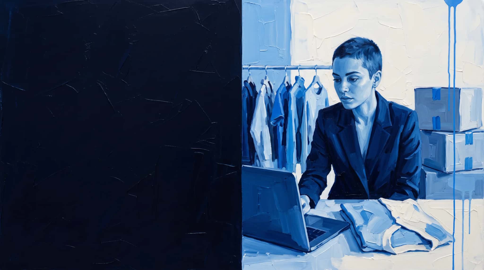 Pintura a óleo em azul: fundadora de uma marca de moda confere pedidos no laptop, num estúdio com arara de roupas e caixas
