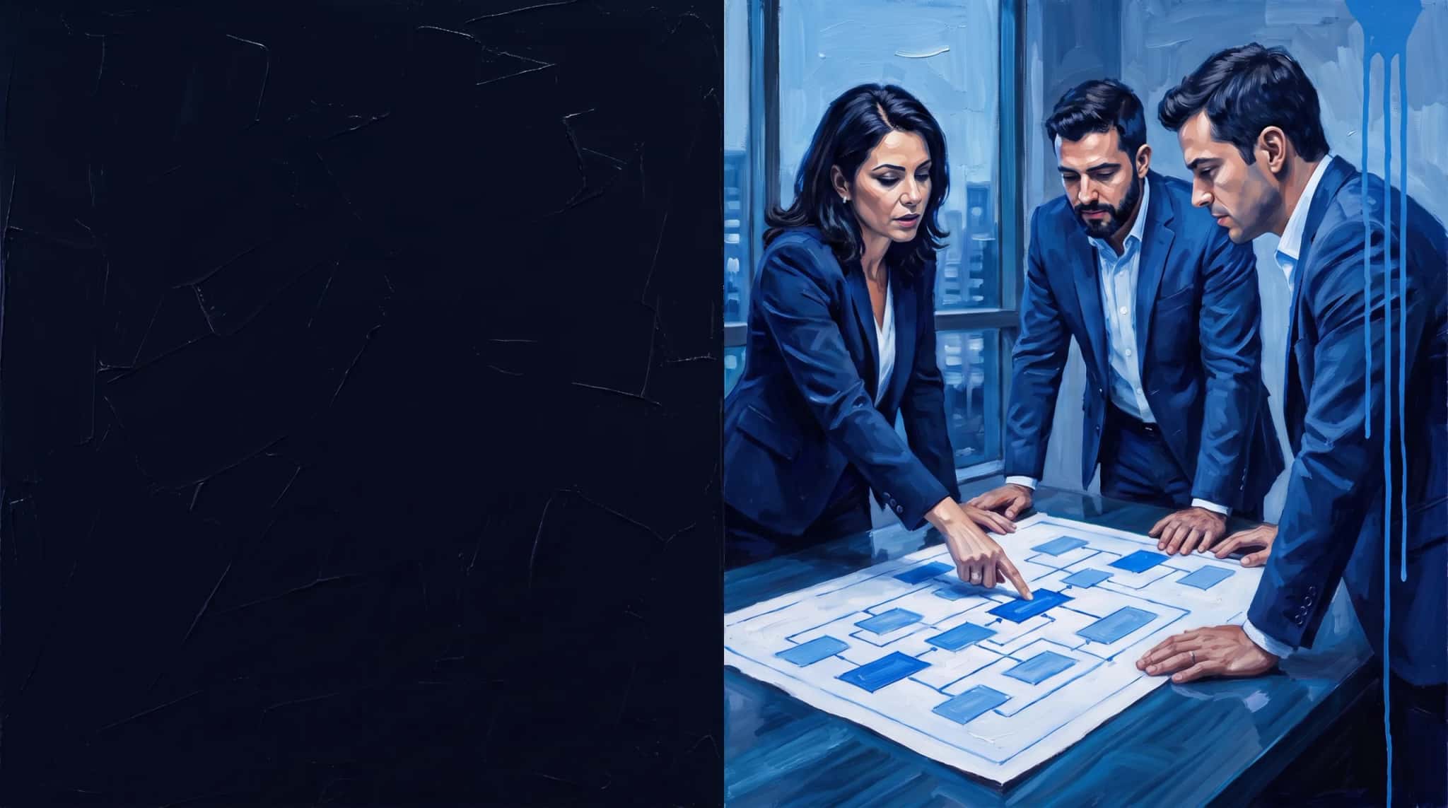 Pintura a óleo em azul: três executivos ao redor de uma mesa analisam um diagrama de arquitetura impresso