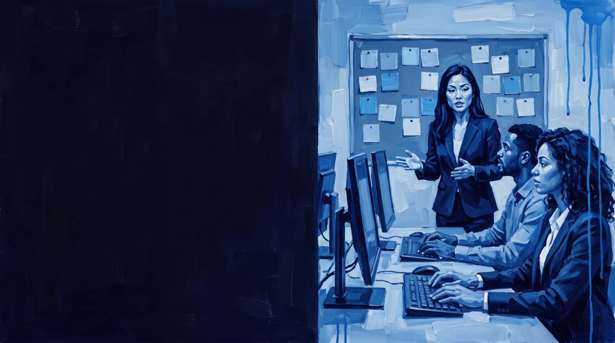 Pintura al óleo en azul: un tech lead de pie habla con el squad en sus mesas de trabajo, frente a un tablero de post-its en blanco