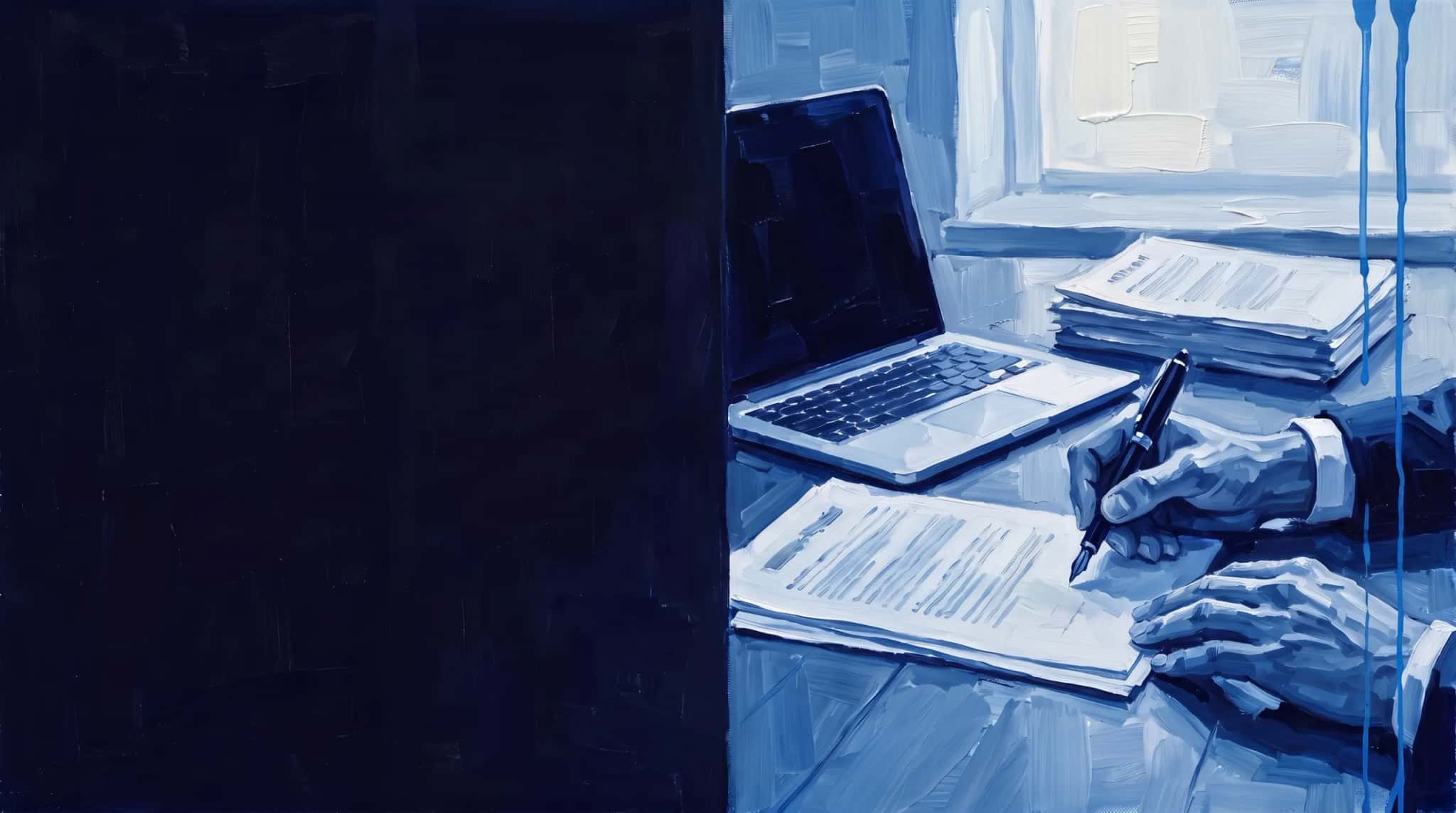 Pintura a óleo em azul: mãos assinam um documento ao lado de um notebook